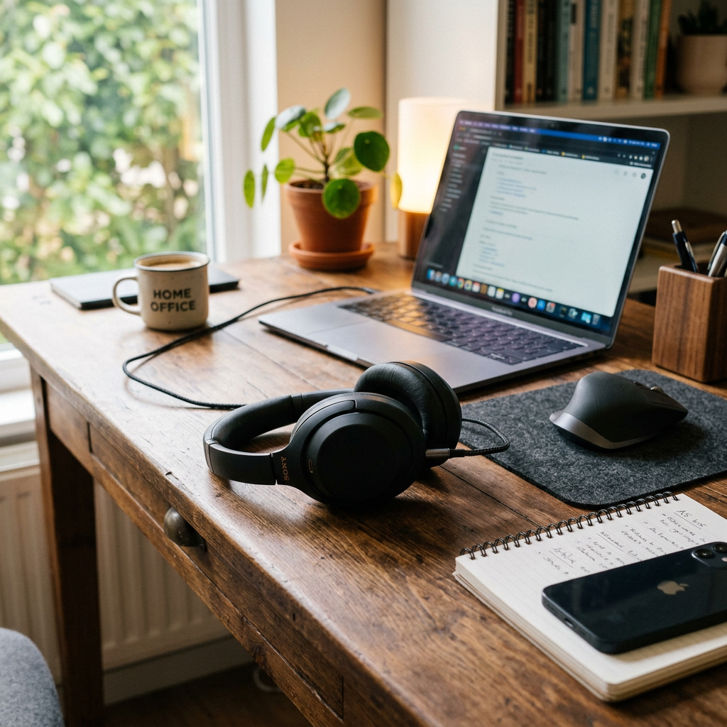 Wooden desk with laptop displaying code, black headphones, notebook with pen, smartphone, coffee mug labeled 'HOME OFFICE', potted plant, and mouse on pad